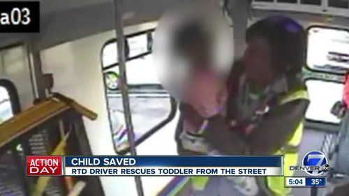 Security video shows moment bus driver spotted toddler in middle of busy road